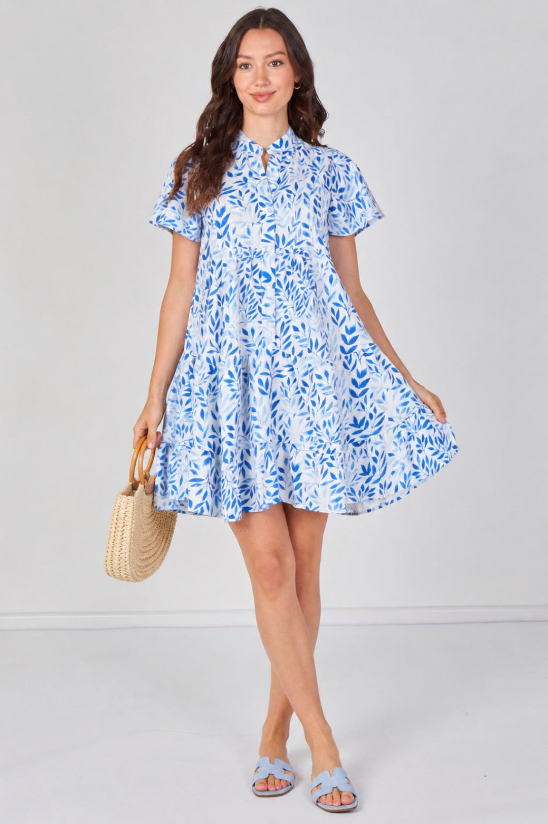 Leaf Print Tiered Mini Dress in Blue