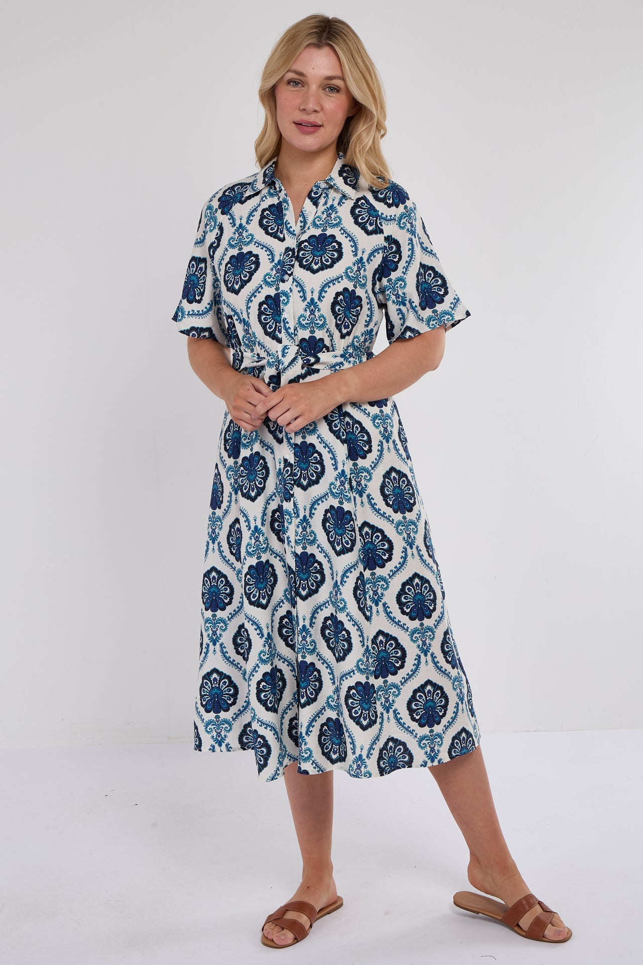 Floral Tile Print Midi Shirt Dress