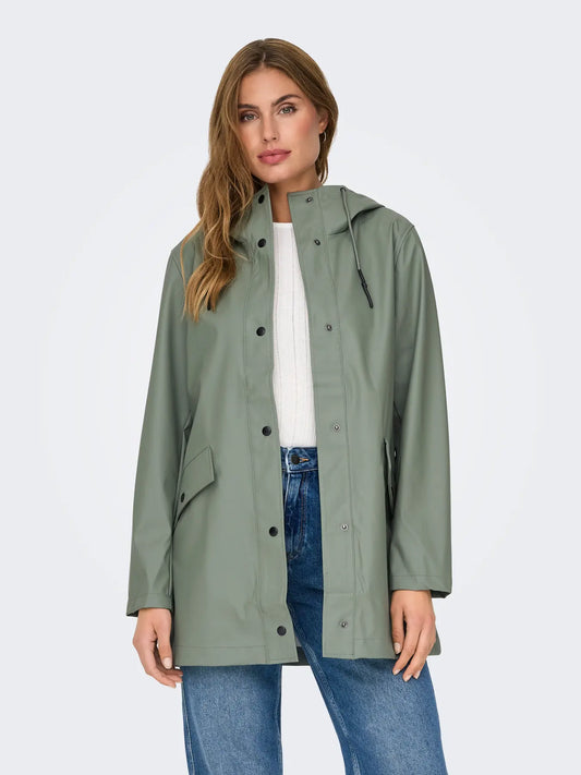 ONLY Elisa Longline Rubberised Raincoat in Agave Green