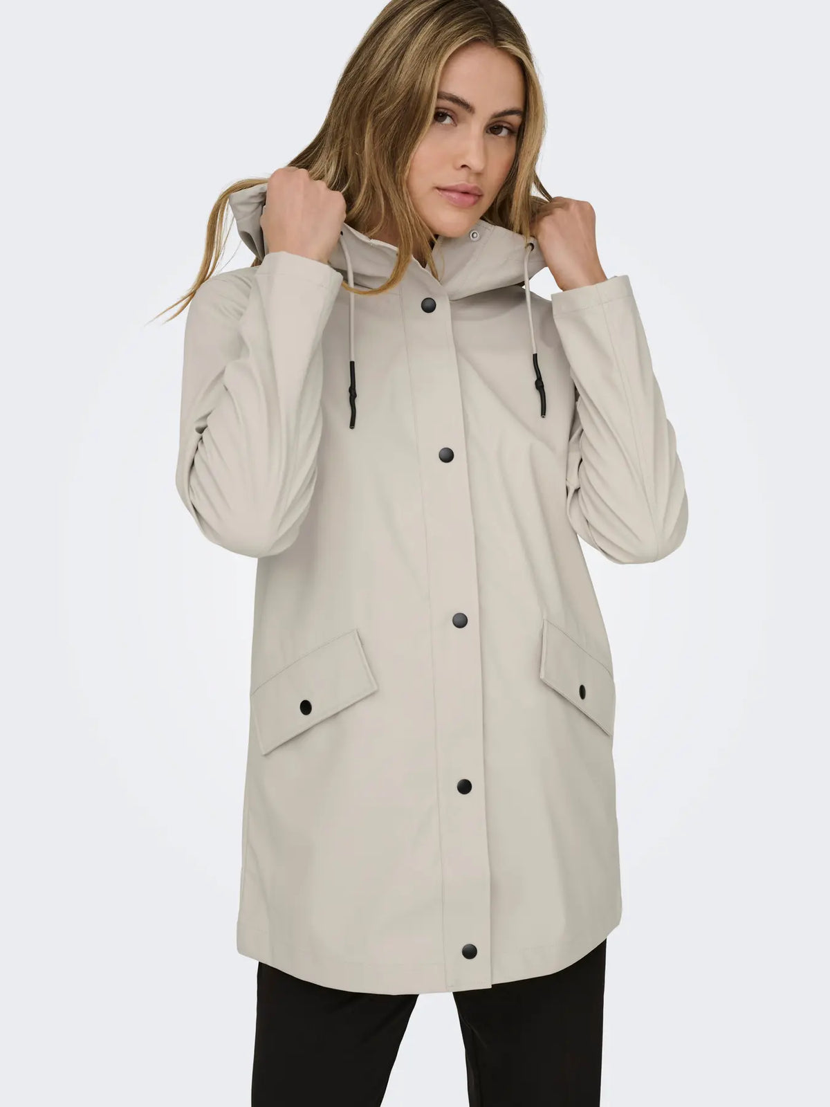 ONLY Elisa Longline Rubberised Raincoat in Pebble