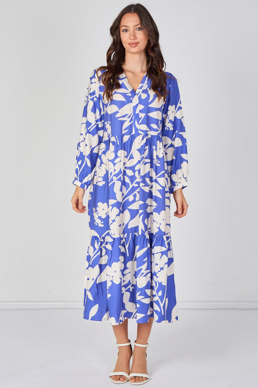 Cobalt Blossom Tiered Midaxi Dress