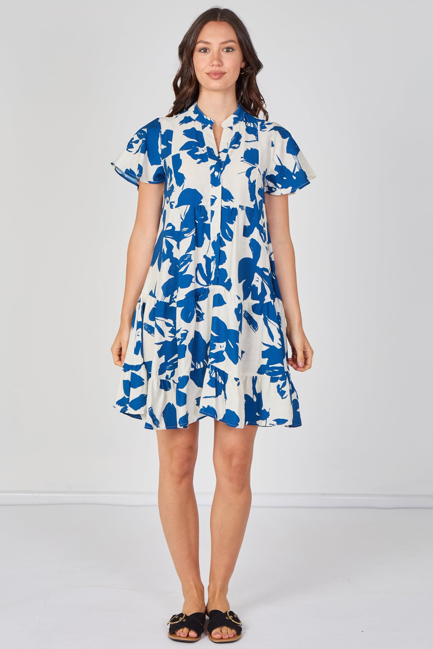 Floral Print Tiered Mini Dress in Cobalt