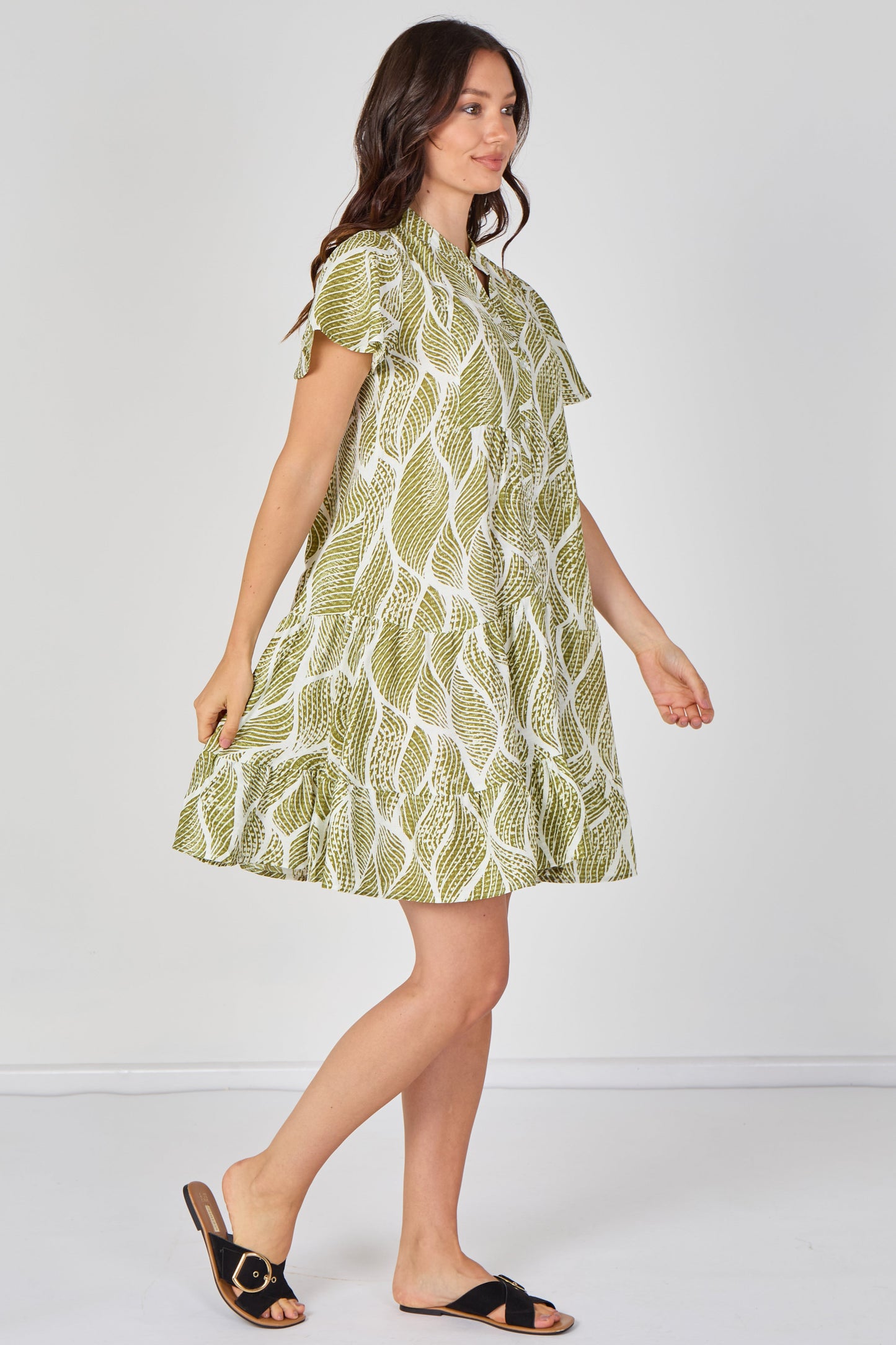 Leaf Print Tiered Mini Dress in Olive