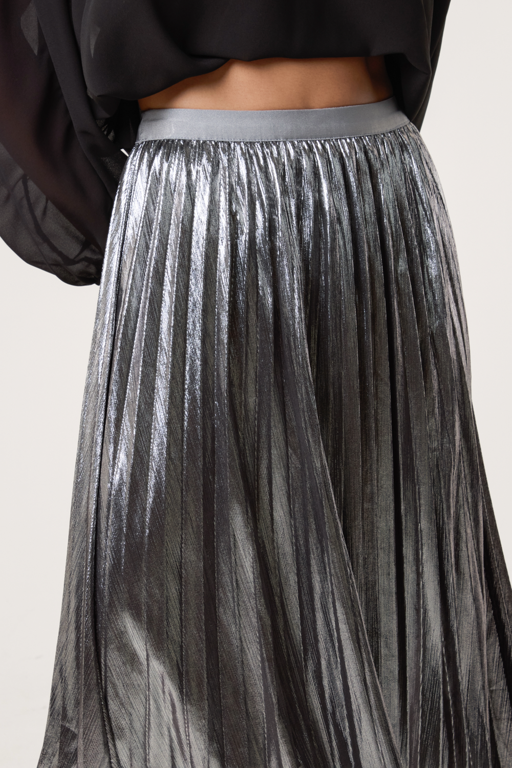 Metallic Pleated Midi Skirt Pewter