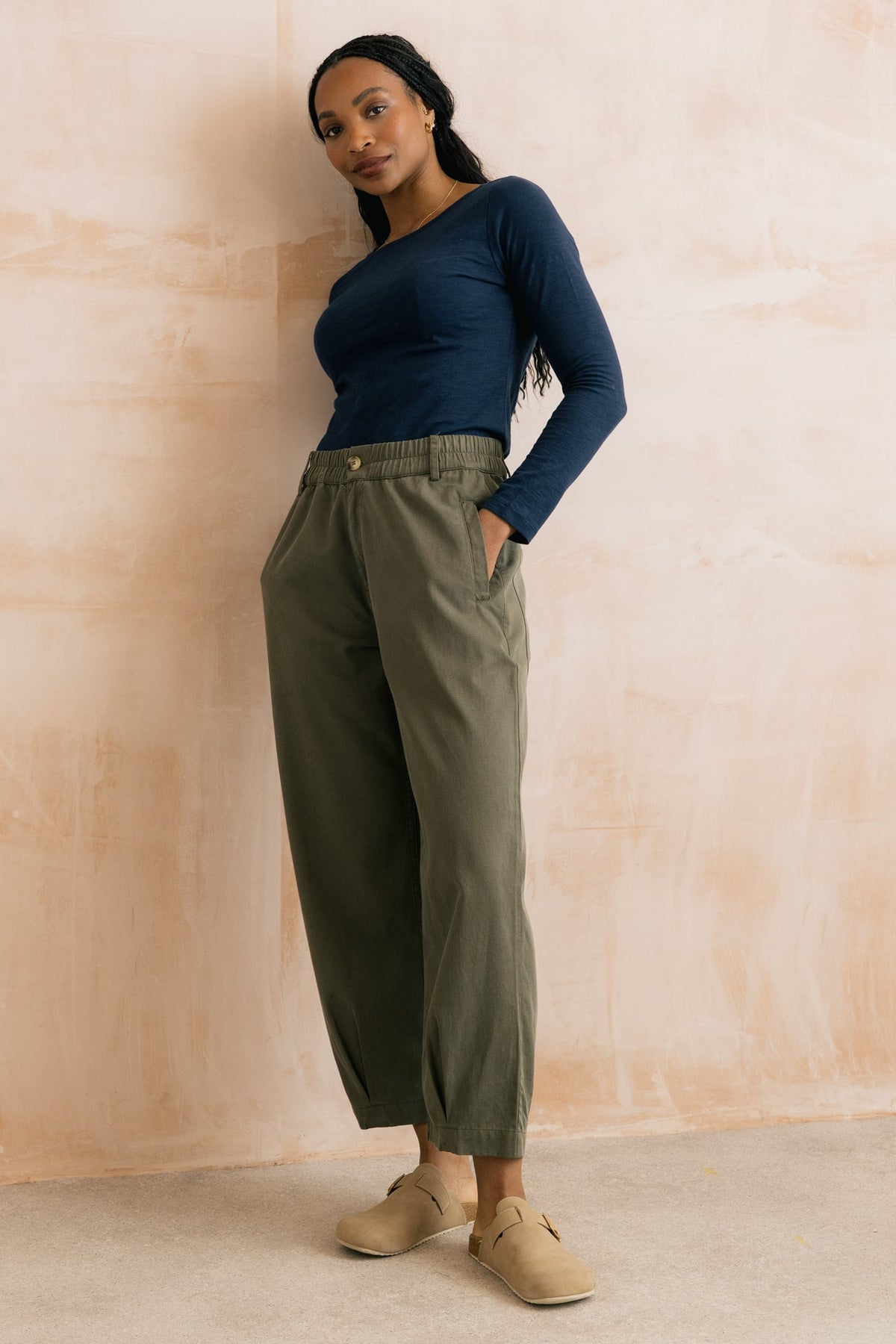 Lily & Me Shirin Olive Relaxed Barrel Leg Trousers