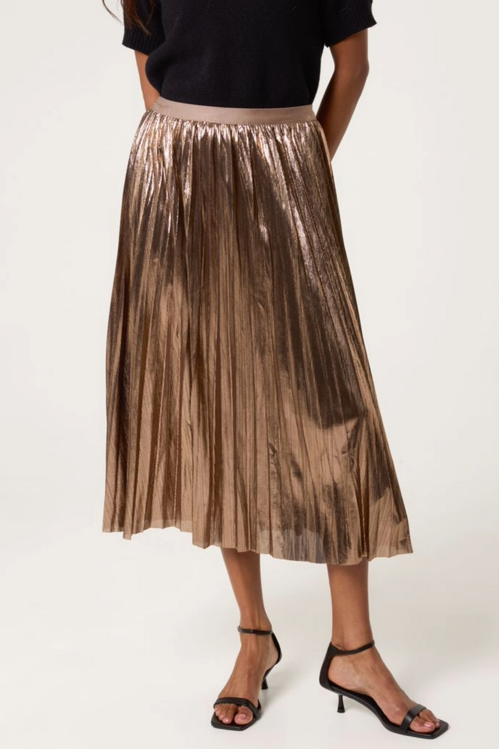 Metallic Pleated Midi Skirt Rose Gold
