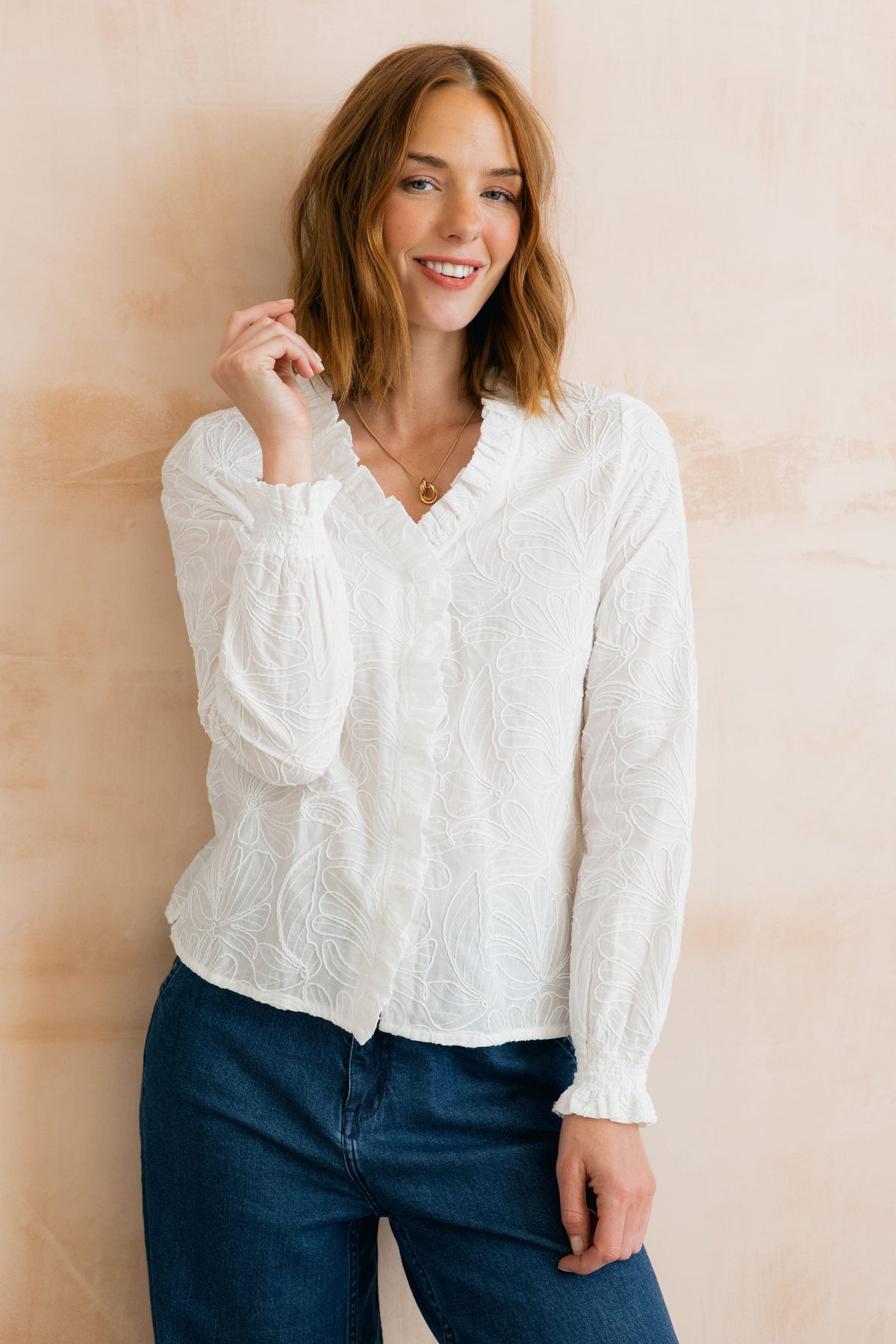 Lily & Me Kit Ruffle Embroidered Bloom Blouse