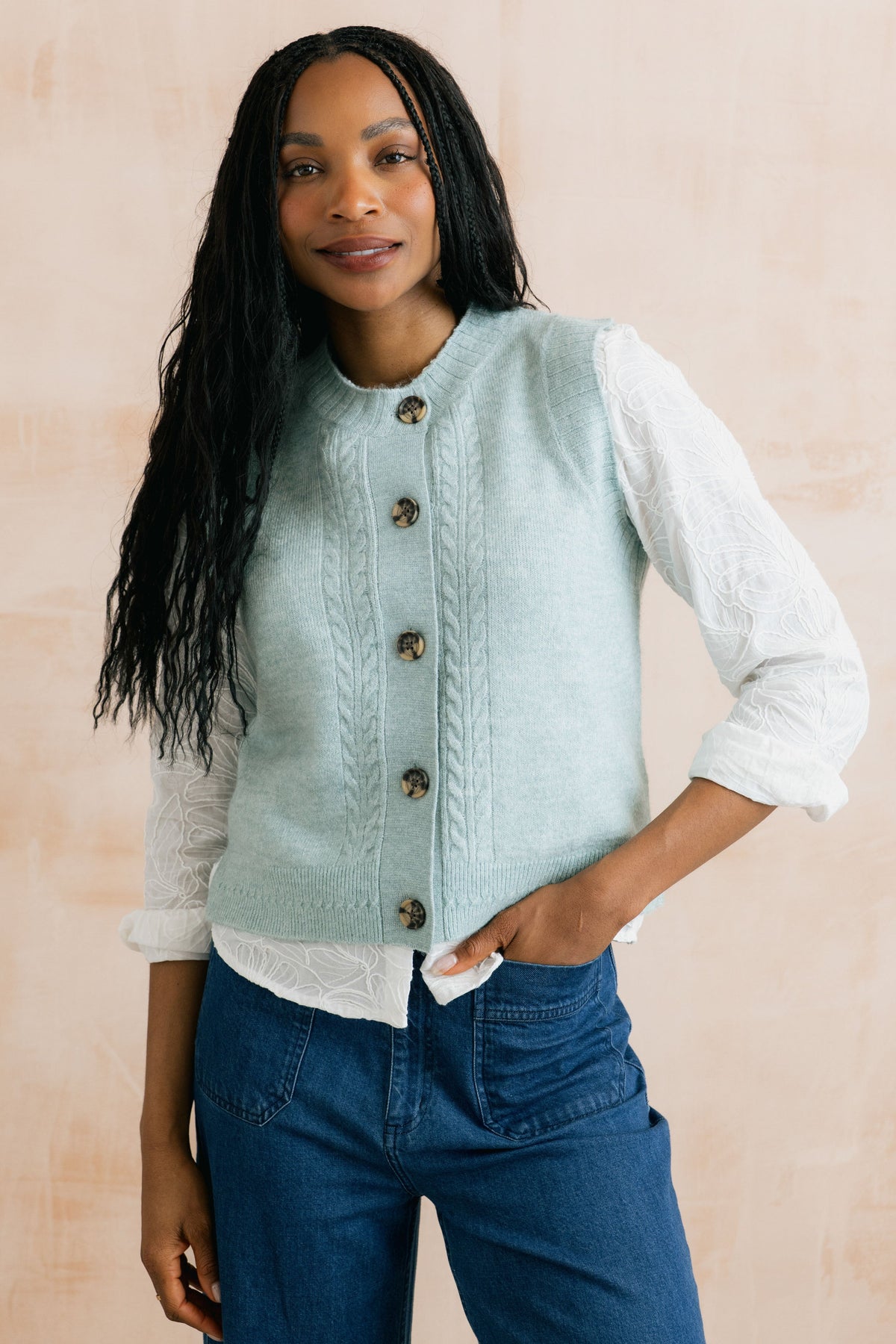 Lily & Me Stencil Cable Knit Vest Sea Blue