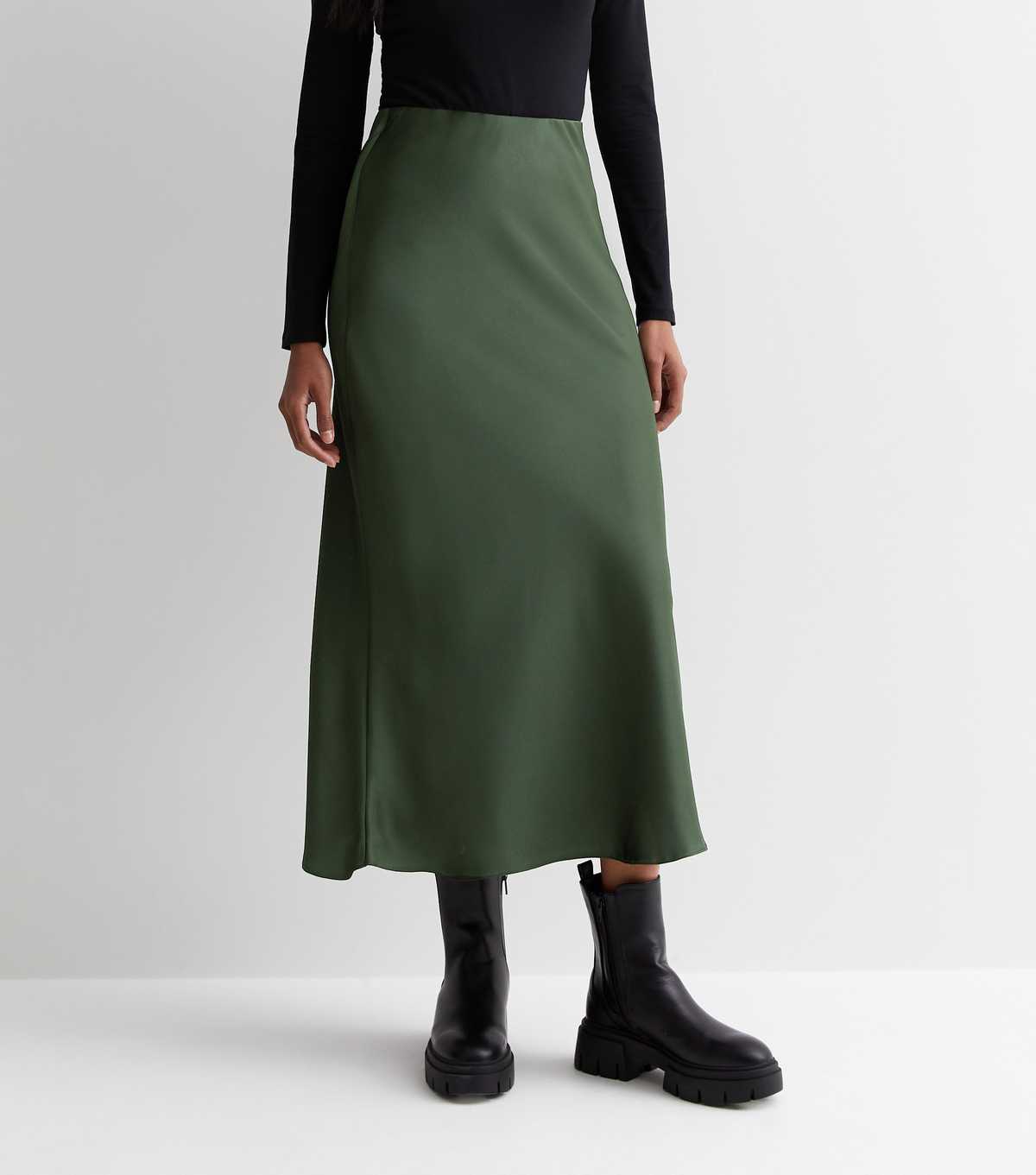 Dark Khaki Bias Cut Satin Skirt
