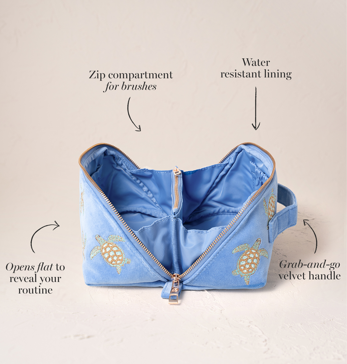 Turtle Conservation Open Flat Makeup Bag in Caribbean Blue