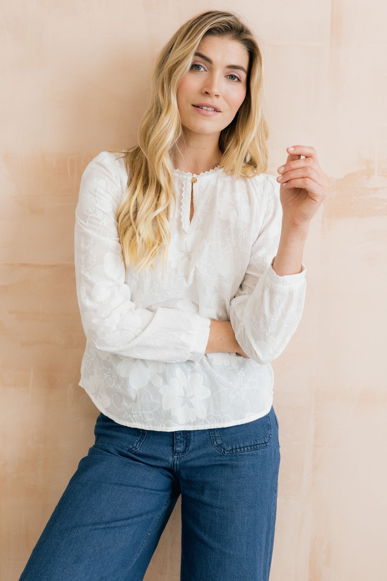 Lily & Me Emily Embroidered Keyhole Blouse