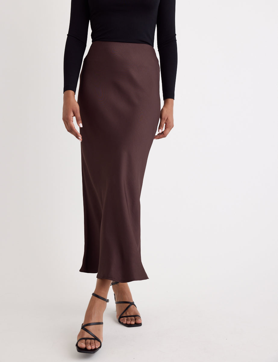 Chocolate Bias Cut Satin Skirt