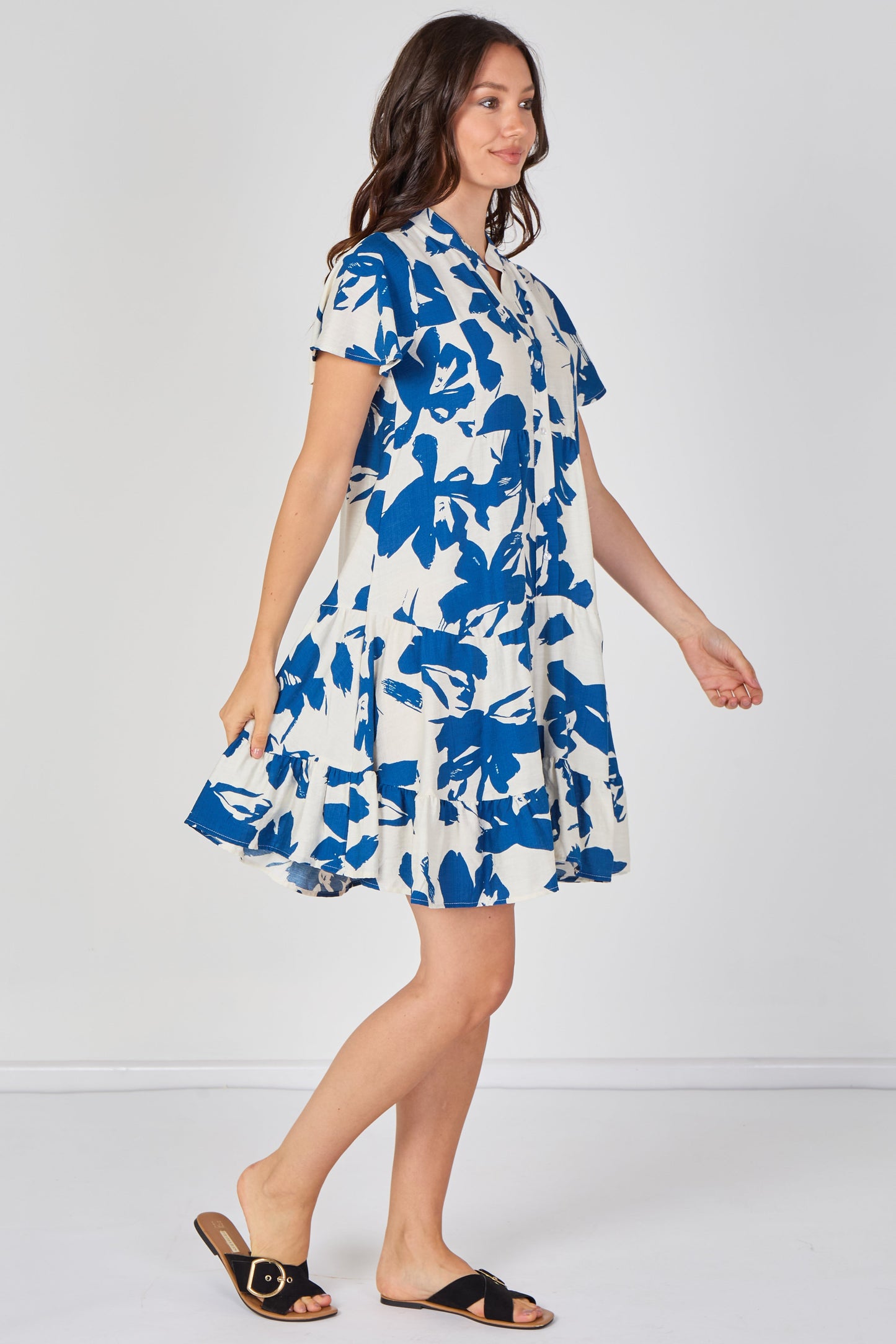 Floral Print Tiered Mini Dress in Cobalt