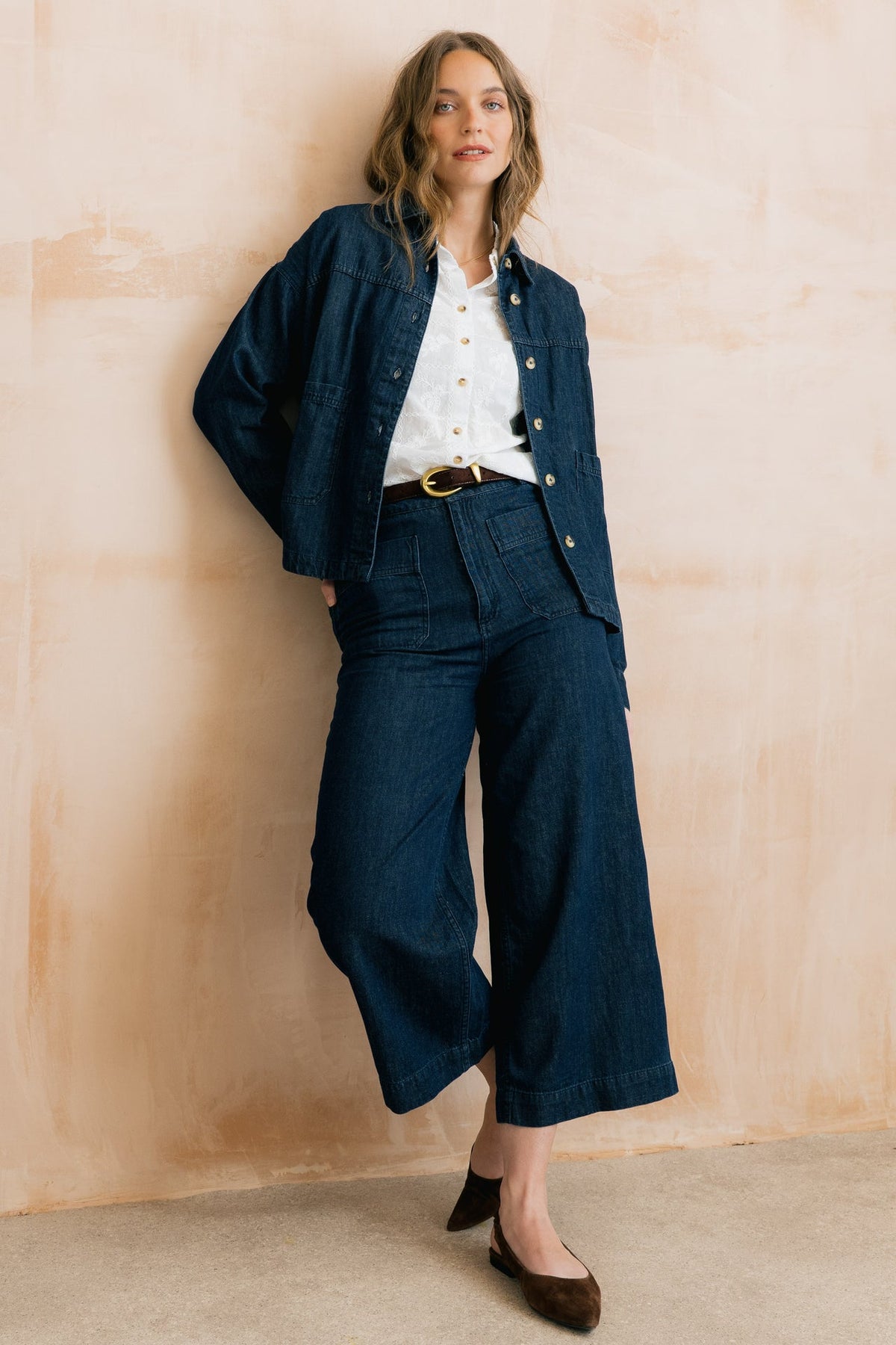 Lily & Me Amelia Cropped Wide Leg Dark Wash Denim Trousers