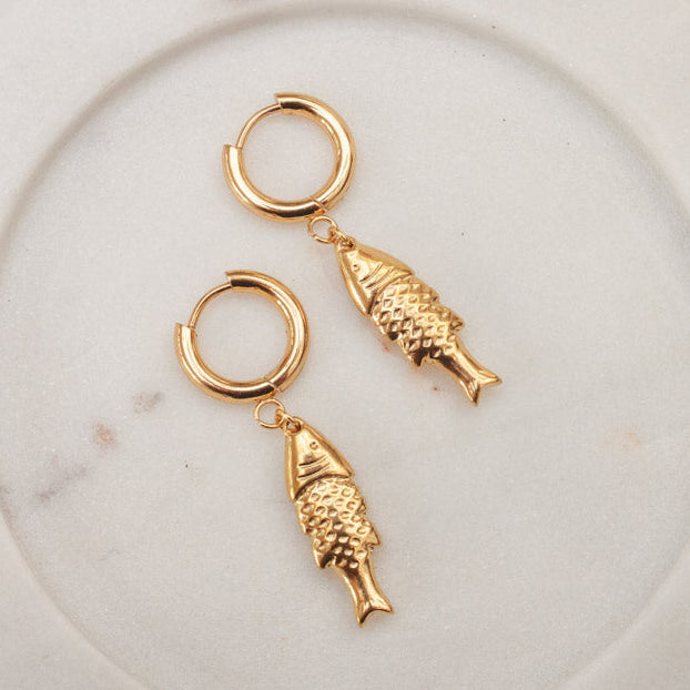 WHITE LEAF 18ct Plated Gold Fish Pendant Huggie Hoops