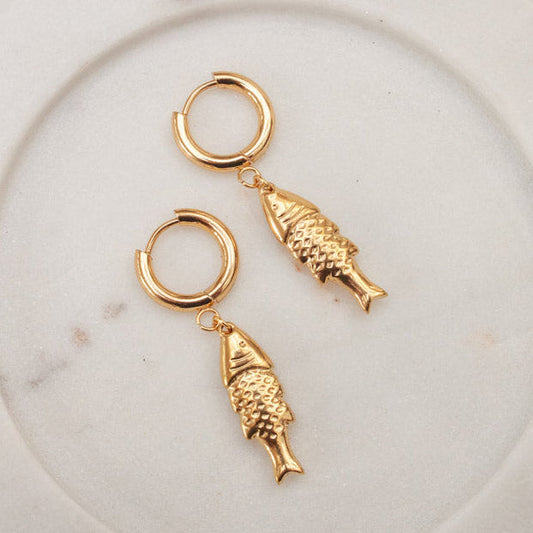 WHITE LEAF 18ct Plated Gold Fish Pendant Huggie Hoops