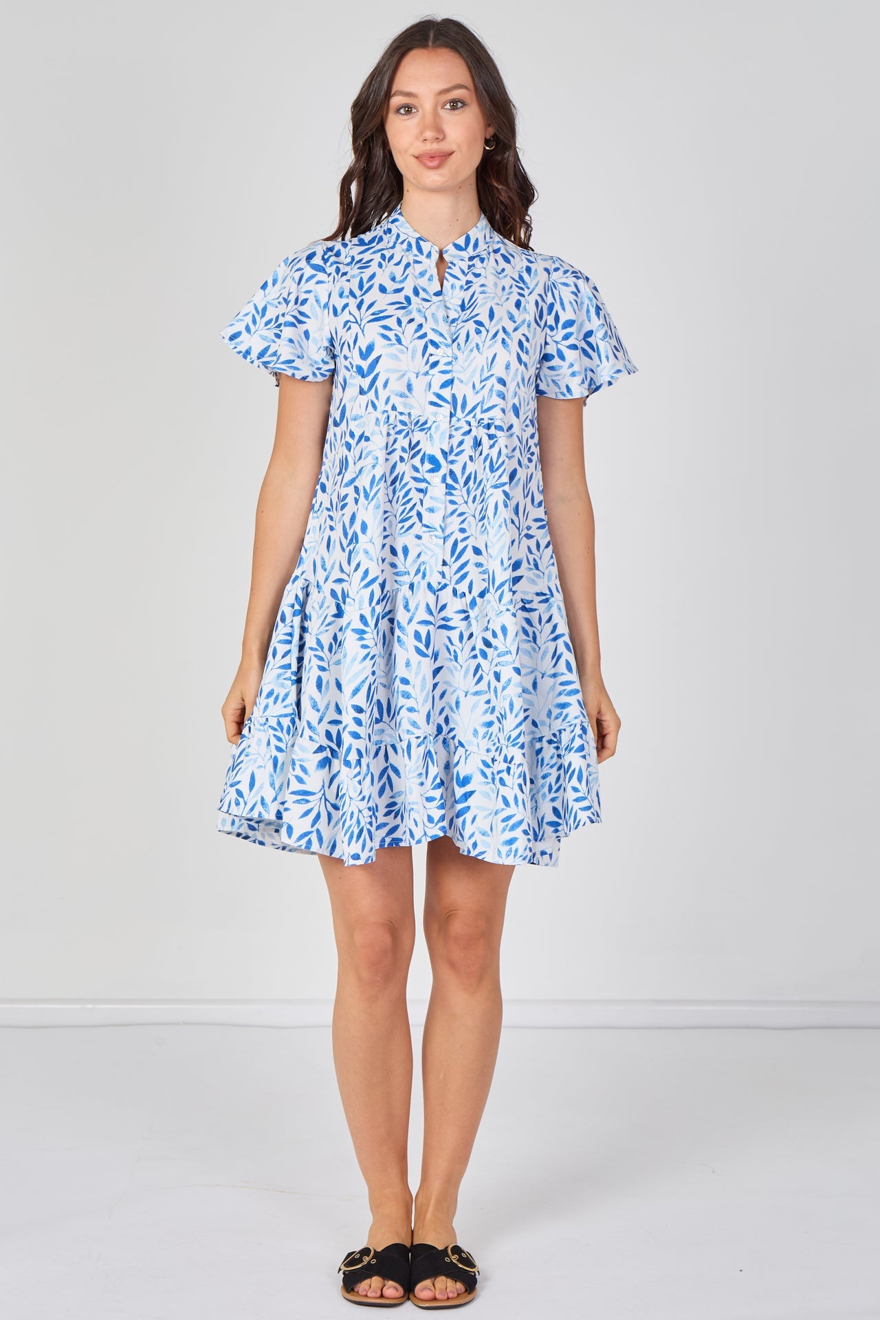 Leaf Print Tiered Mini Dress in Blue