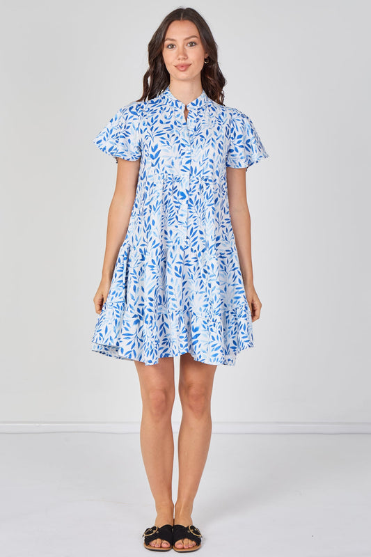 Leaf Print Tiered Mini Dress in Blue