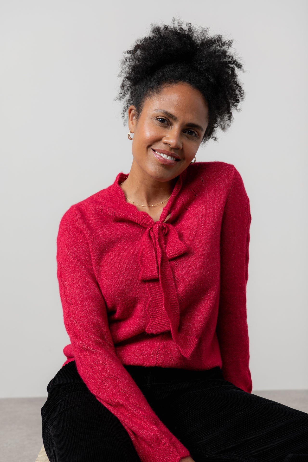 Lily & Me Elise Tie Neck Pointelle Jumper Scarlett Berry