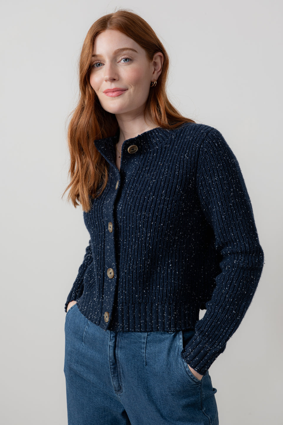 Lily & Me June Fleck Knit Rib Cardigan Navy