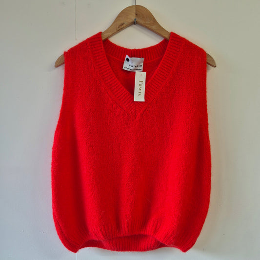 Wool Blend V Neck Tank Top in Red