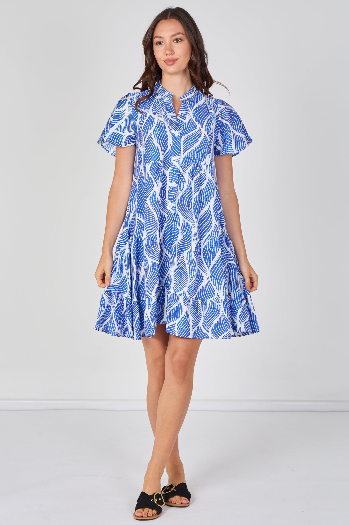 Leaf Print Tiered Mini Dress in Cobalt