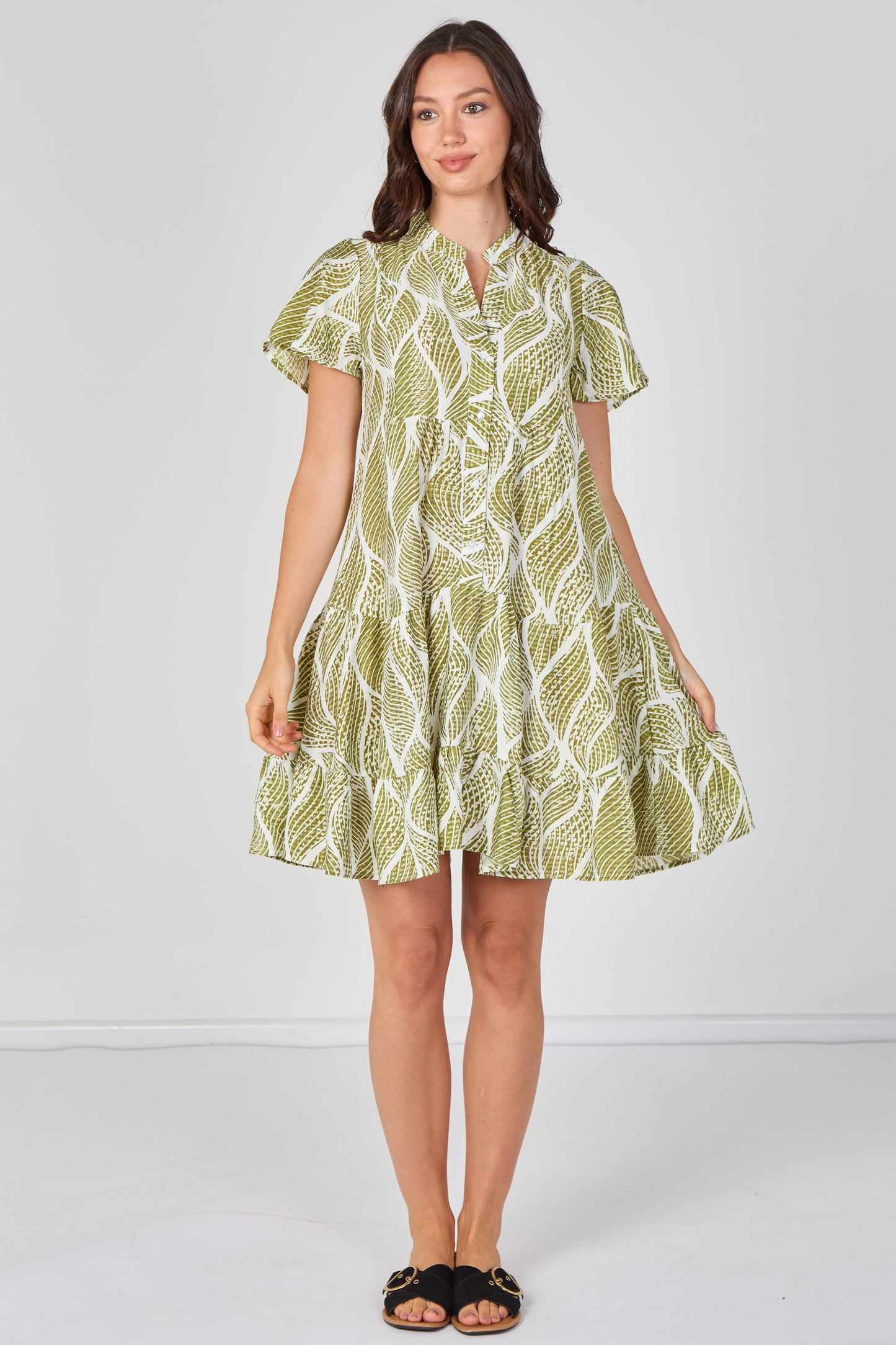 Leaf Print Tiered Mini Dress in Olive