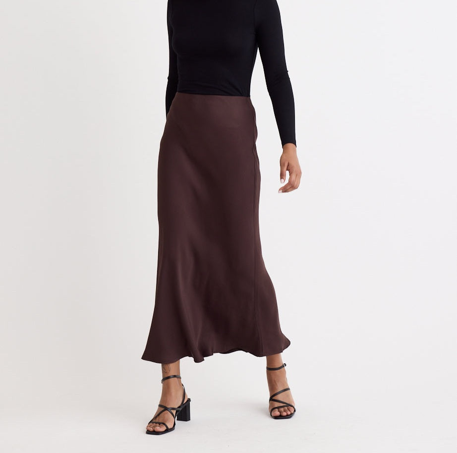 Chocolate Bias Cut Satin Skirt