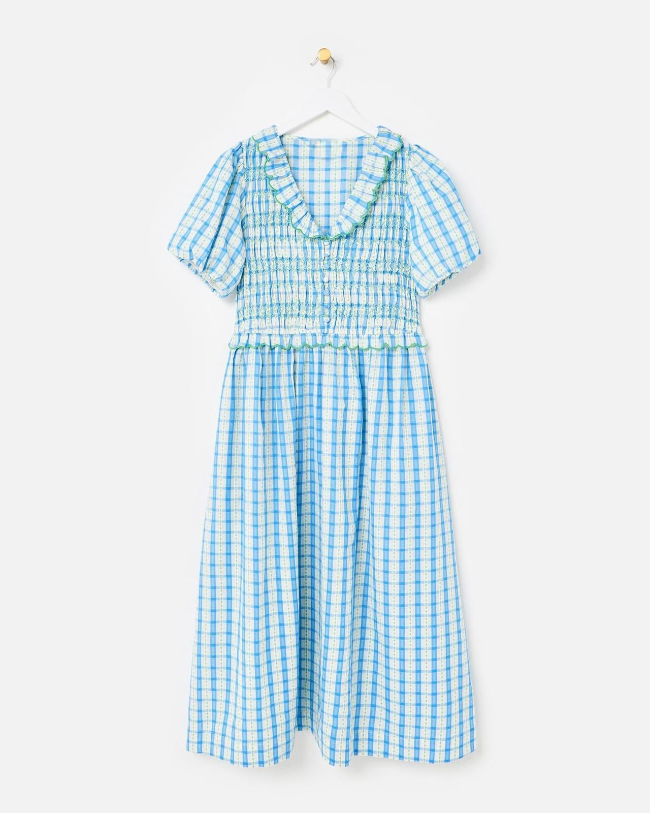 Gingham Shirred Bodice Midi Dress