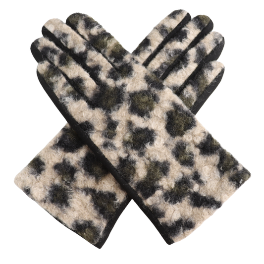 Borg Leopard Print Gloves - Olive
