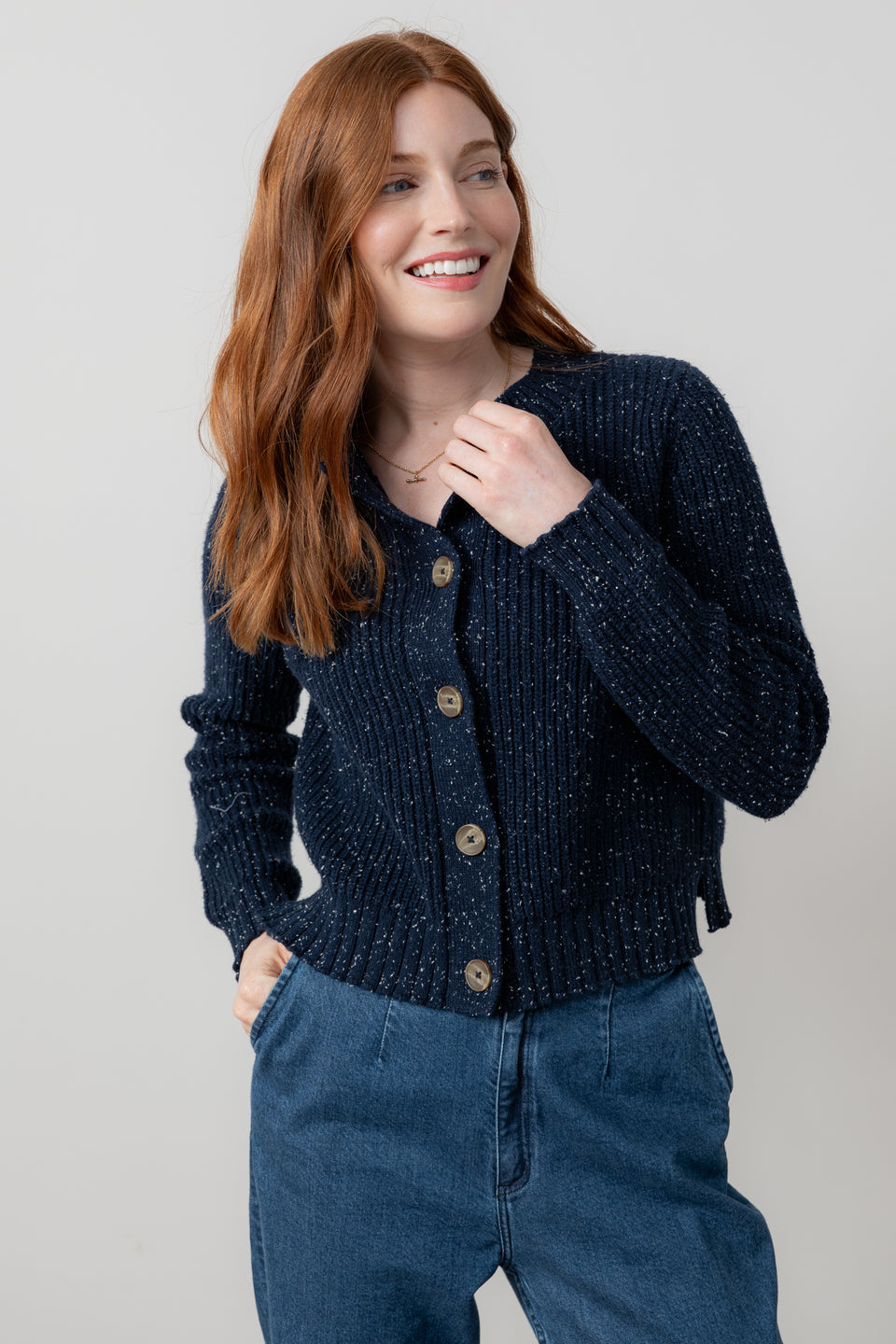 Lily & Me June Fleck Knit Rib Cardigan Navy