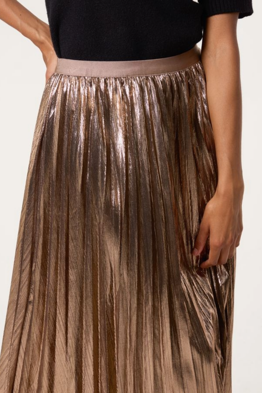 Metallic Pleated Midi Skirt Rose Gold