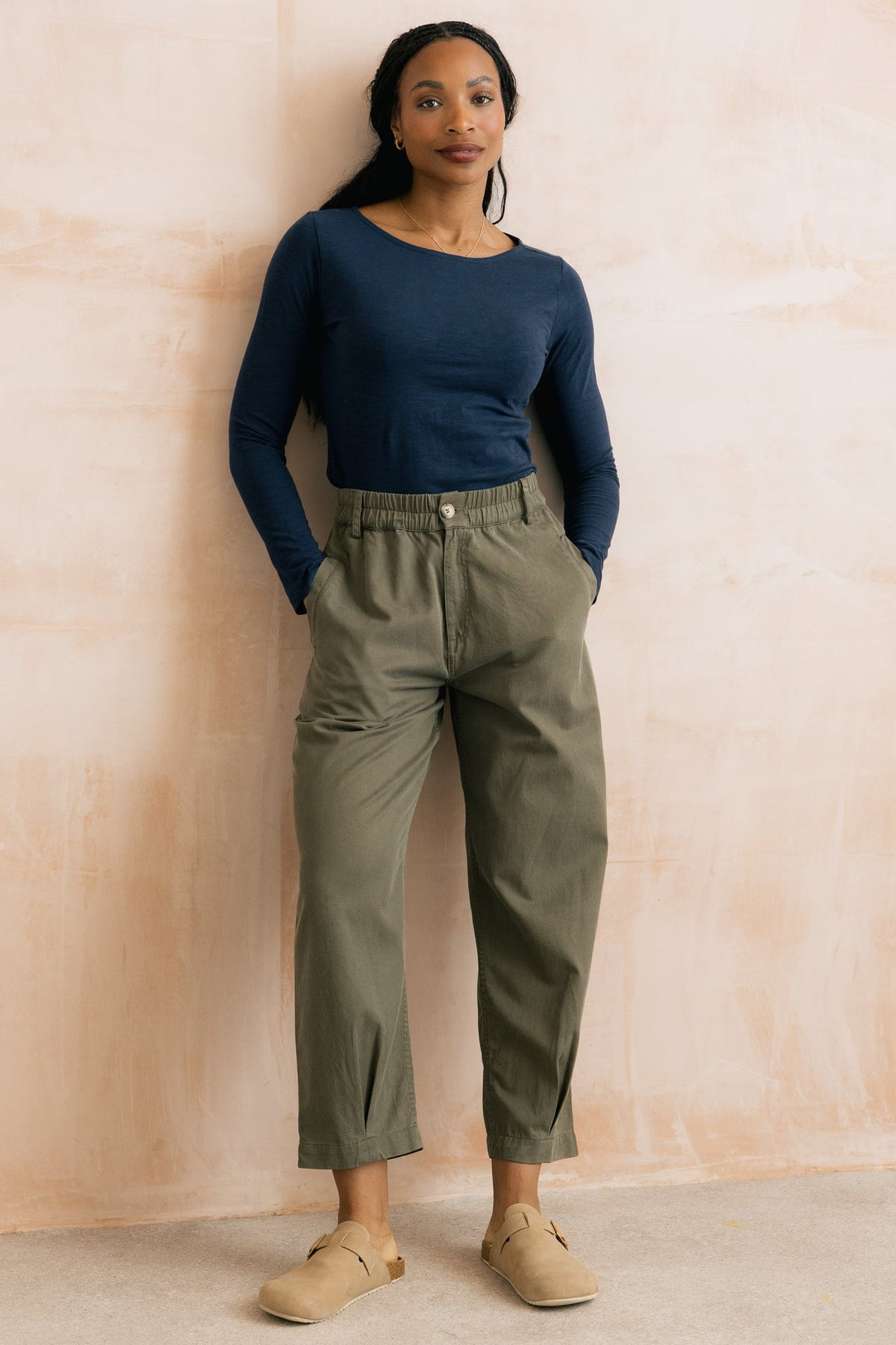 Lily & Me Shirin Olive Relaxed Barrel Leg Trousers