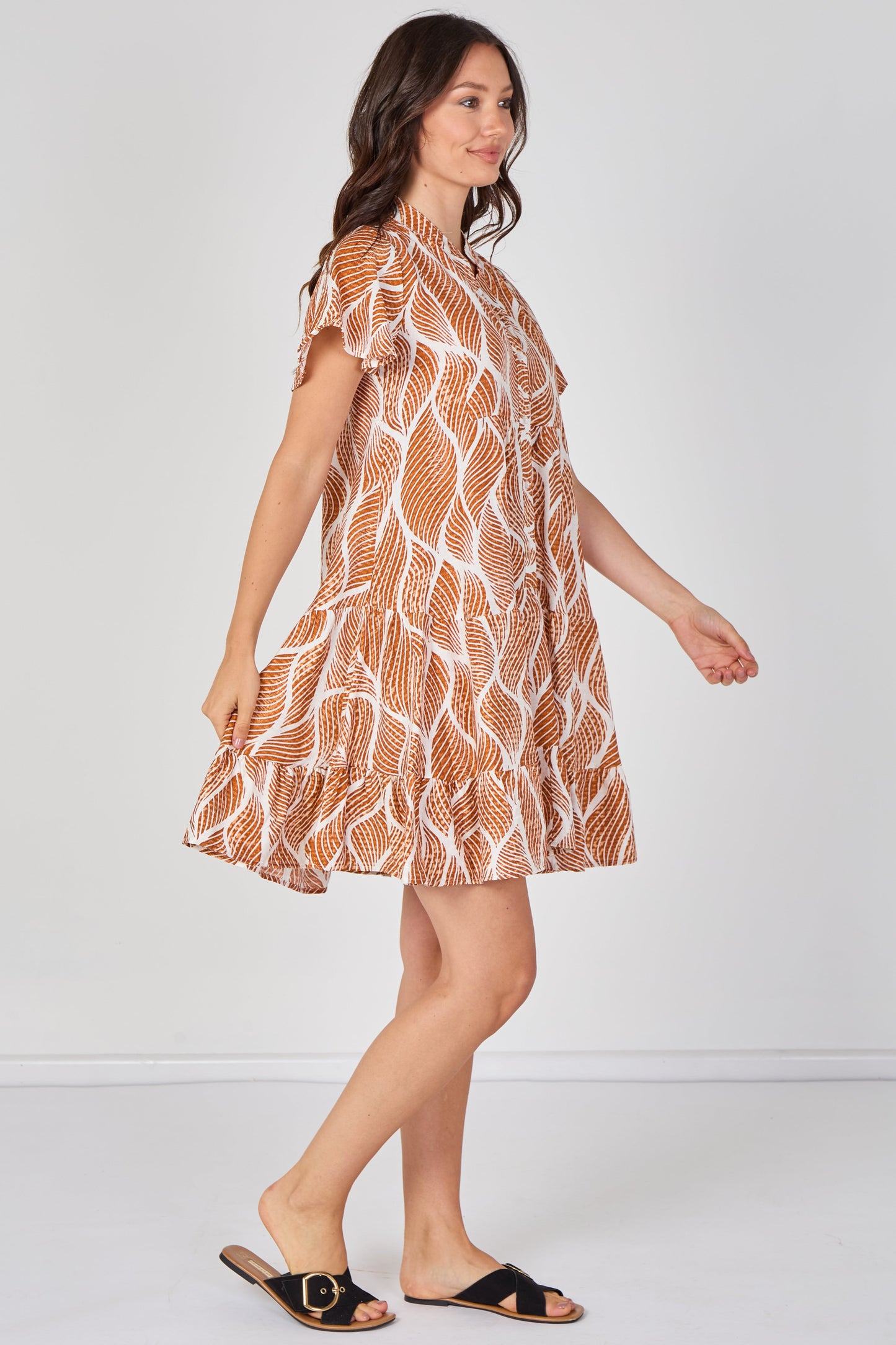 Leaf Print Tiered Mini Dress in Sienna