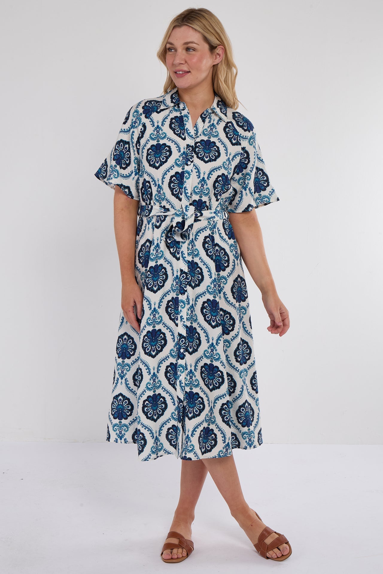 Floral Tile Print Midi Shirt Dress