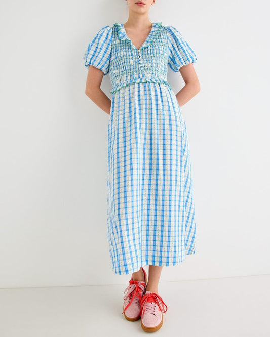Gingham Shirred Bodice Midi Dress