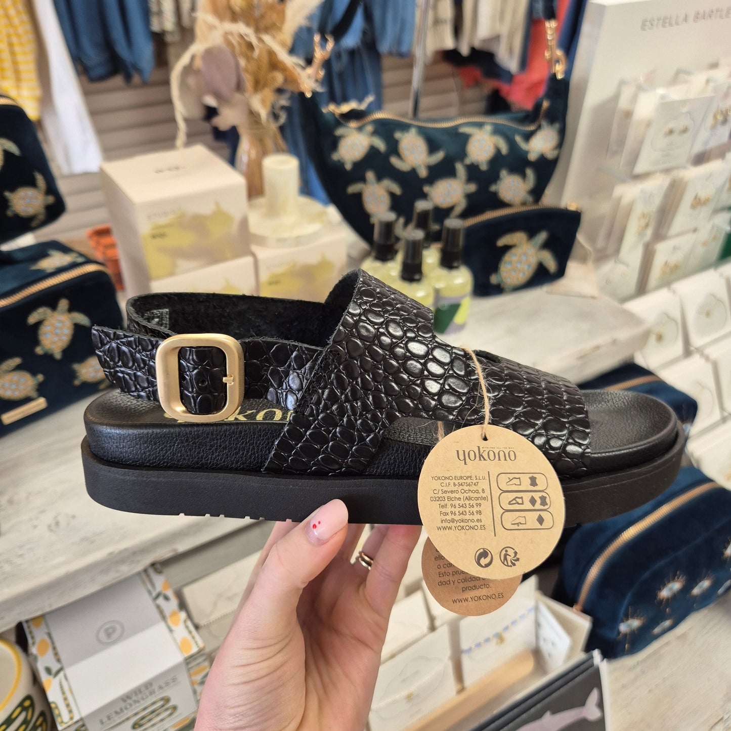 Yokono Morena Croc Effect Sandals in Black