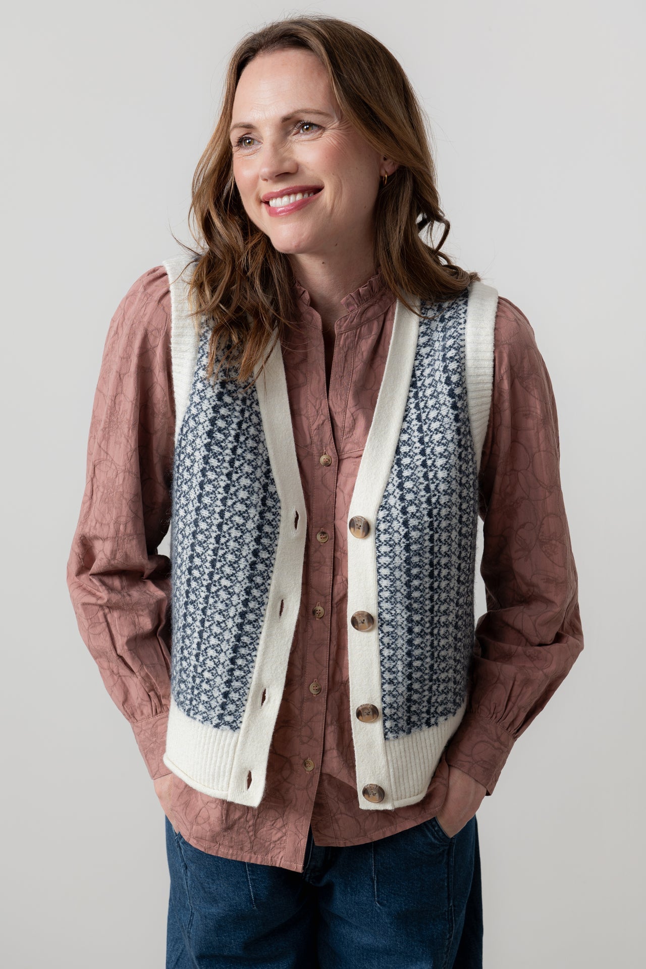 Gwyneth Fair Isle Vest in Ivory & Navy