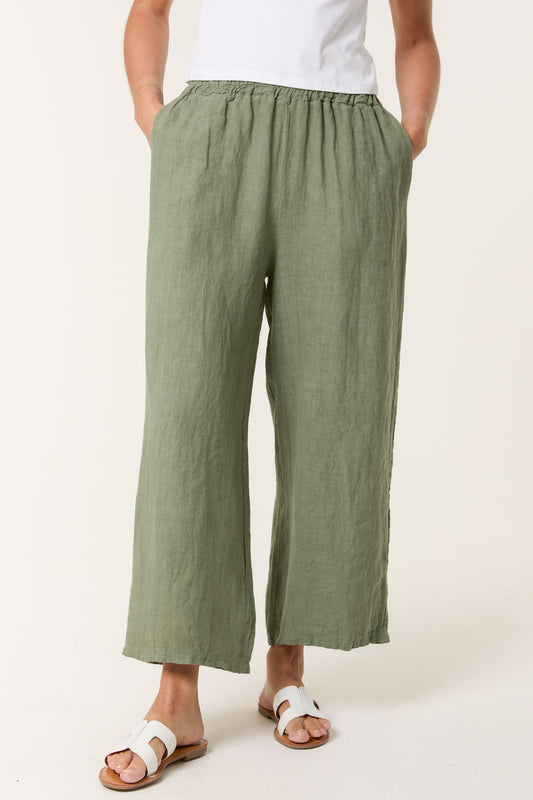 Ivy Wide Leg Linen Crop Trousers in Khaki