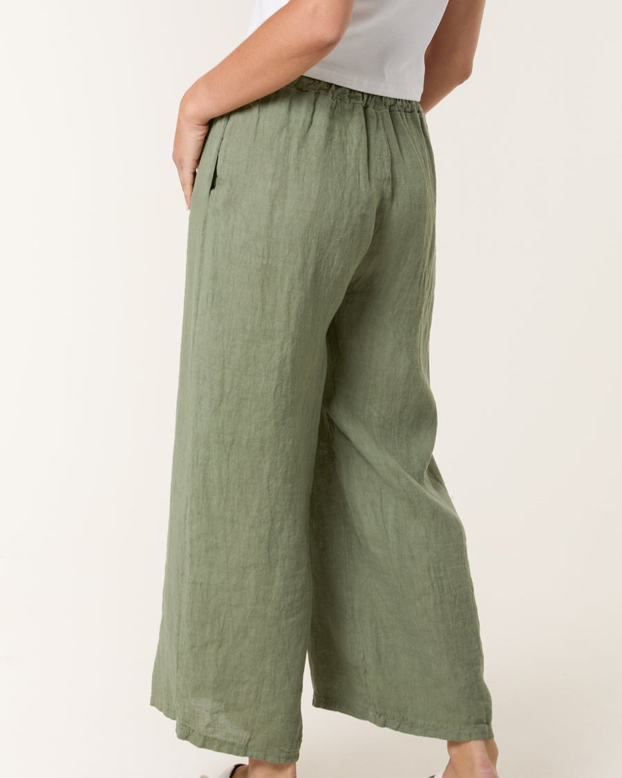 Ivy Wide Leg Linen Crop Trousers in Khaki