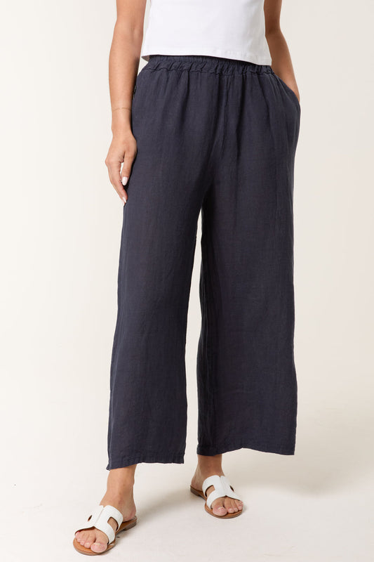 Ivy Wide Leg Linen Crop Trousers in Navy