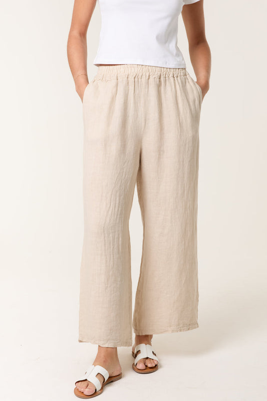 Ivy Wide Leg Linen Crop Trousers in Oatmeal
