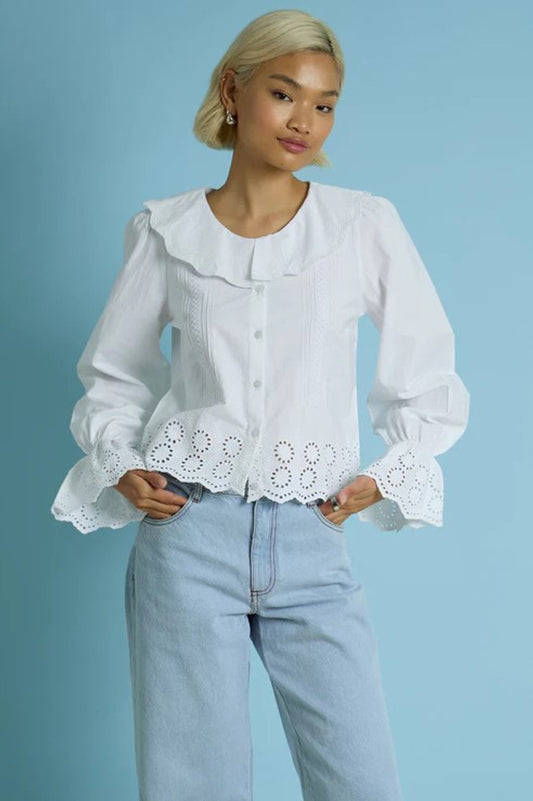 Neon Rose Scalloped Collar Broderie Blouse