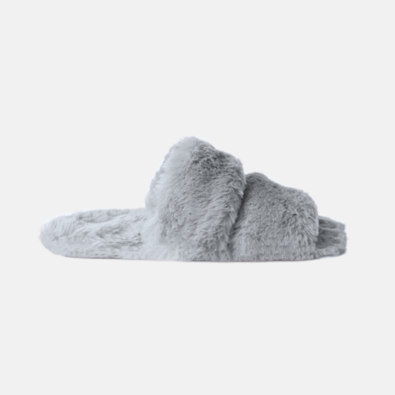Fluffy Twin Strap Slippers Grey