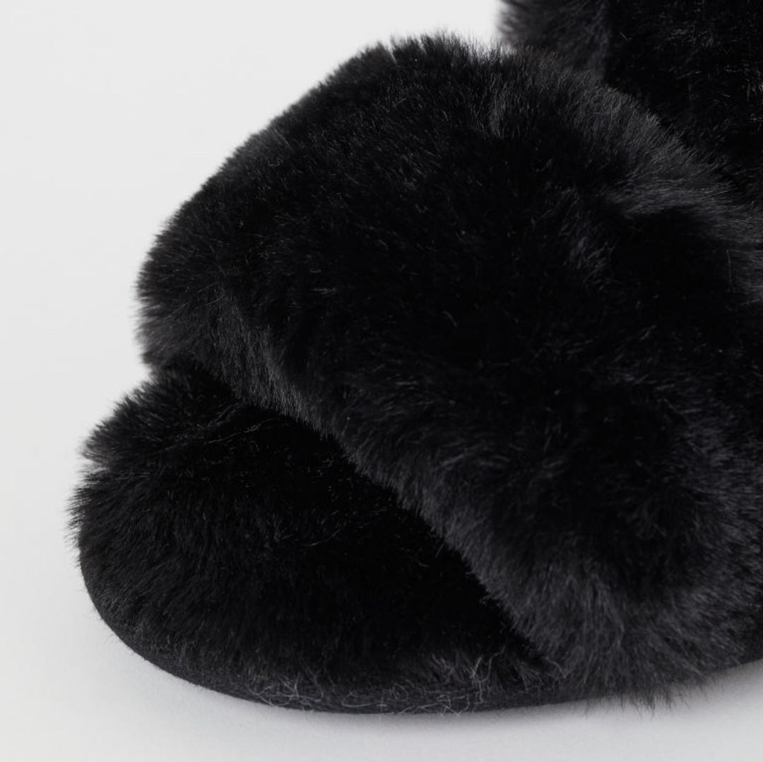 Fluffy Twin Strap Slippers Black