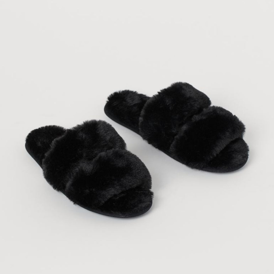 Fluffy Twin Strap Slippers Black